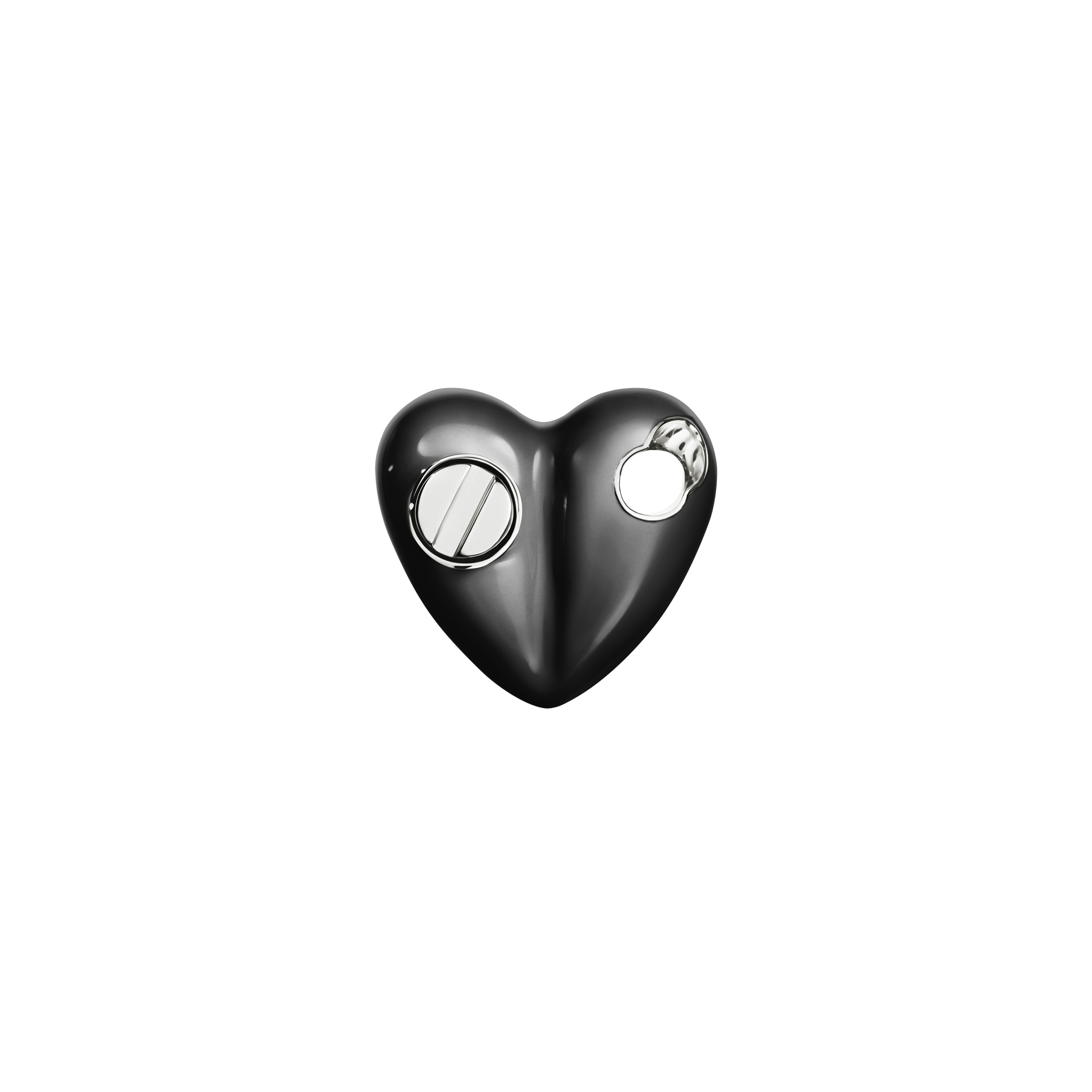 A detail of Bullet Hole Heart Pendant with Screws Mini in Black/Black